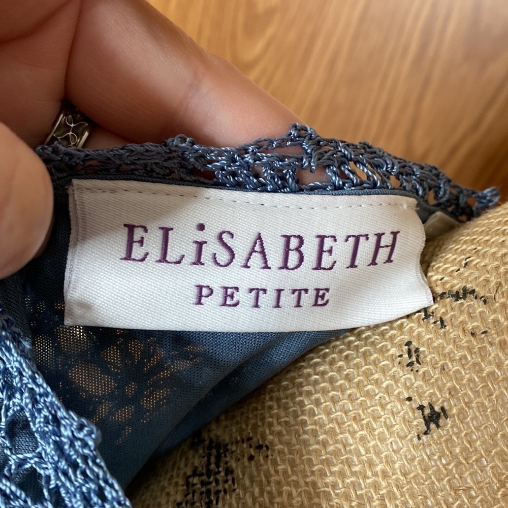 NWT Elisabeth Petite Blue Crochet Lace Top 1P Lined Short Sleeve Boho Blouse - Picture 6 of 9